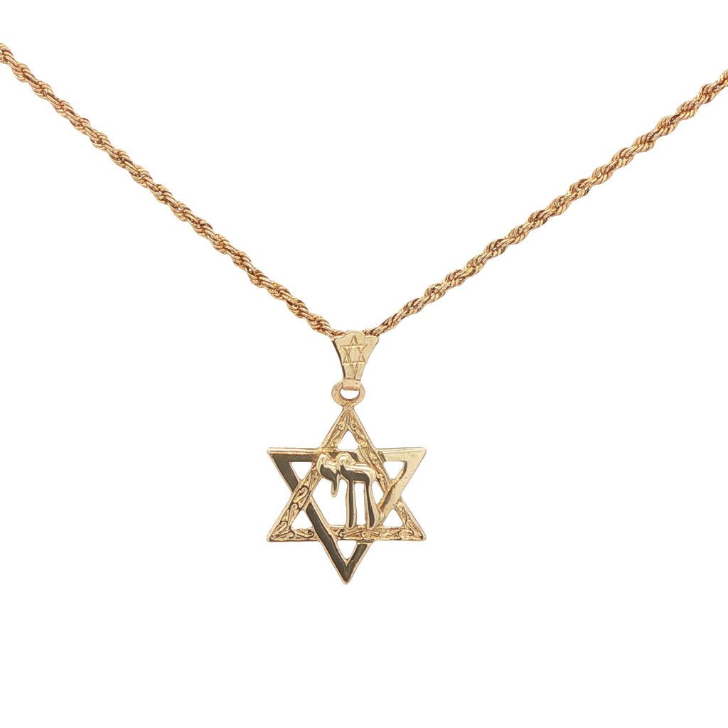 14K Yellow Gold Star of David Chai Pendant – 19mm Estate Jewish Jewelry