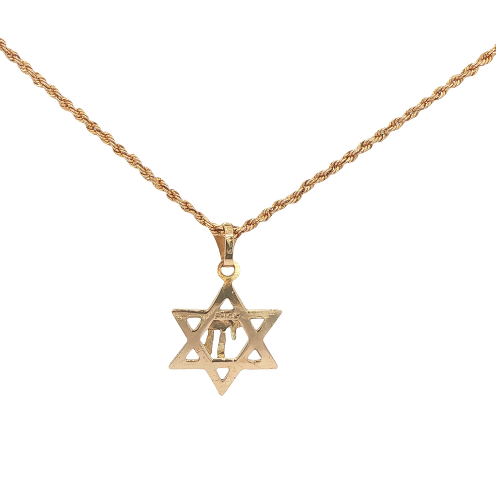 14K Yellow Gold Star of David Chai Pendant – 19mm Estate Jewish Jewelry