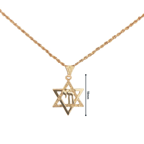 14K Yellow Gold Star of David Chai Pendant – 19mm Estate Jewish Jewelry