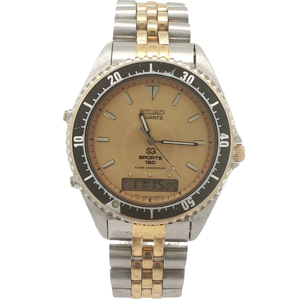 Vintage 1993 Seiko Sports 150 H601 Two-Tone Alarm Chronograph Ana-Digi Estate Watch