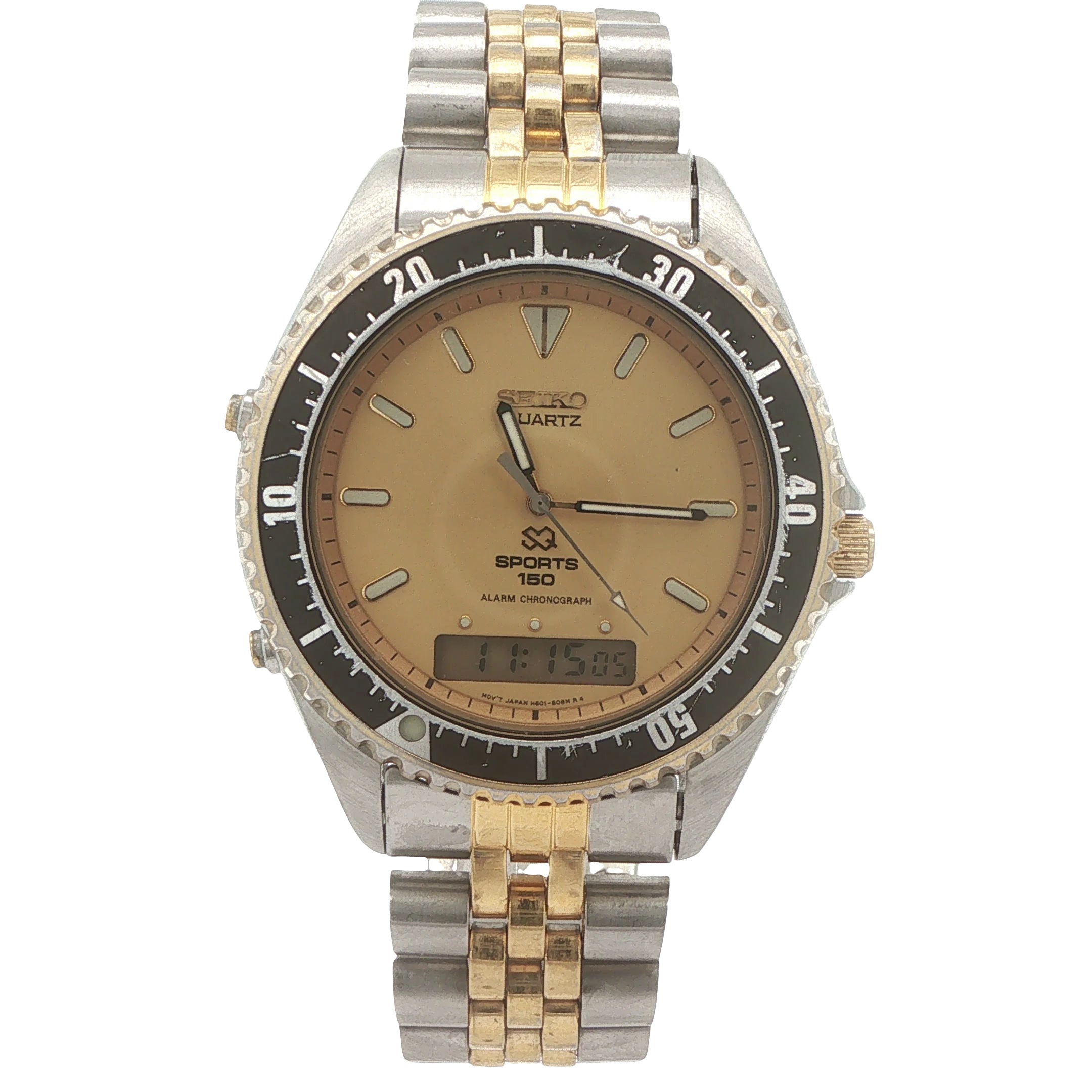 Vintage 1993 Seiko Sports 150 H601 Two-Tone Alarm Chronograph Ana-Digi Estate Watch