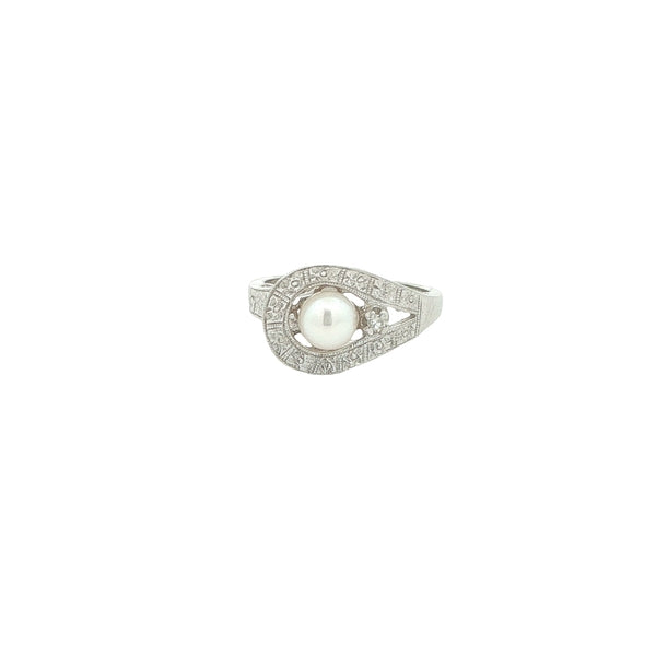 Circa 1930s Estate 10K White Gold Akoya Pearl & Diamond Art Deco Ring – Size 5.50