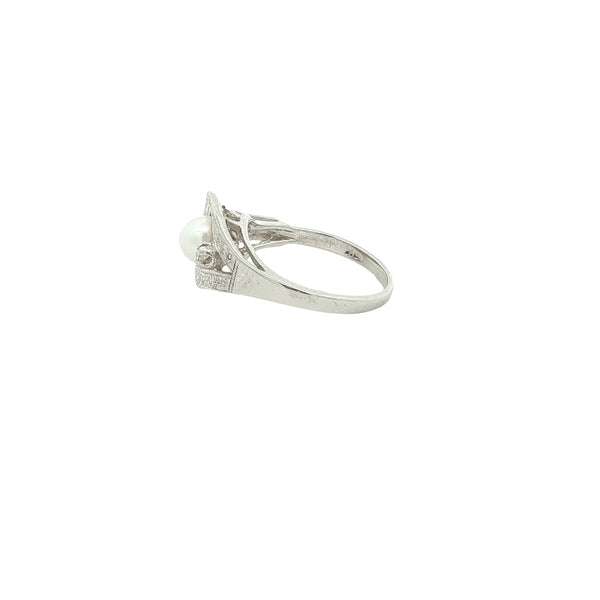 Circa 1930s Estate 10K White Gold Akoya Pearl & Diamond Art Deco Ring – Size 5.50