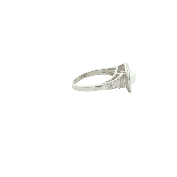 Circa 1930s Estate 10K White Gold Akoya Pearl & Diamond Art Deco Ring – Size 5.50