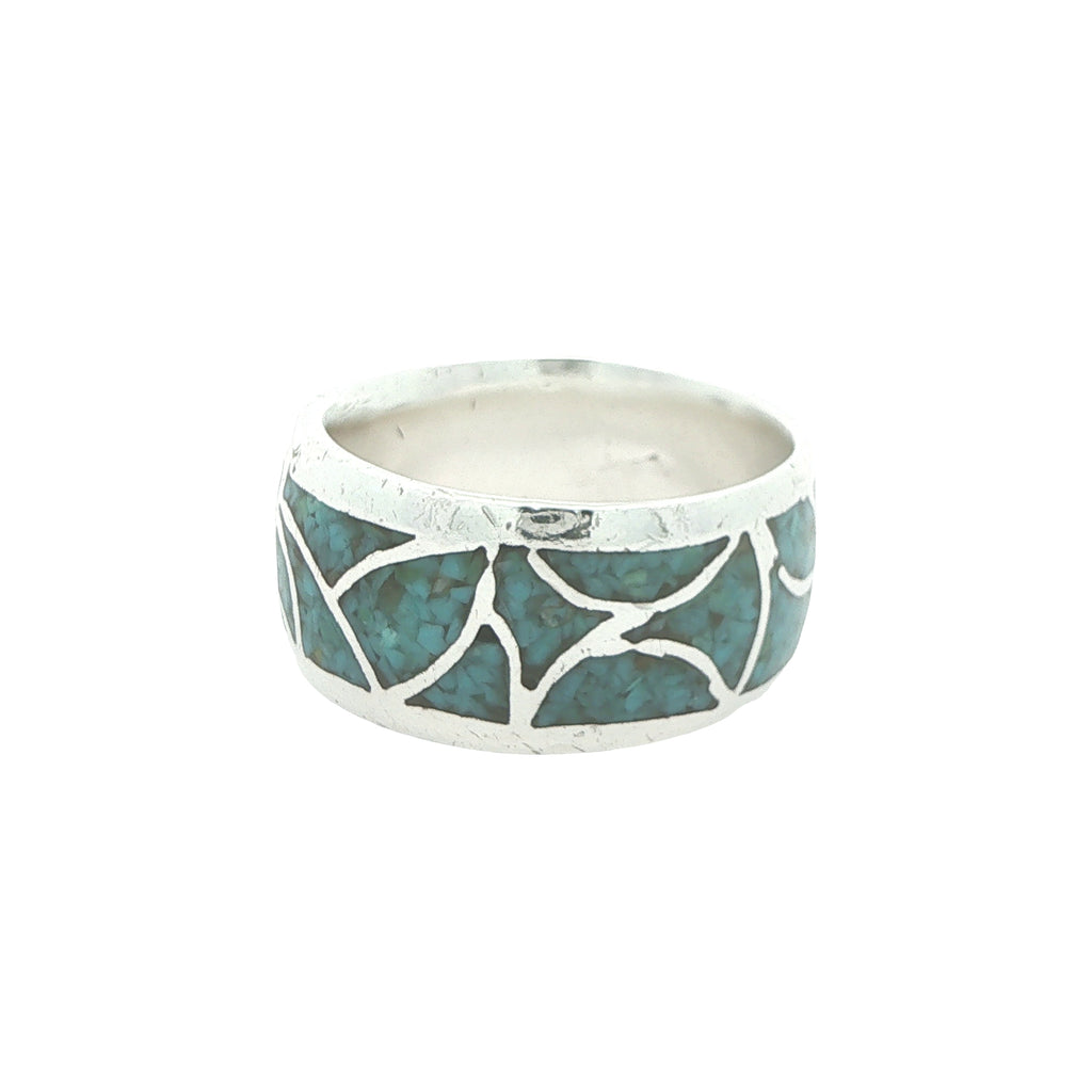 Estate Silver Natural Turquoise Inlay Ring Size 10 – 11mm Wide