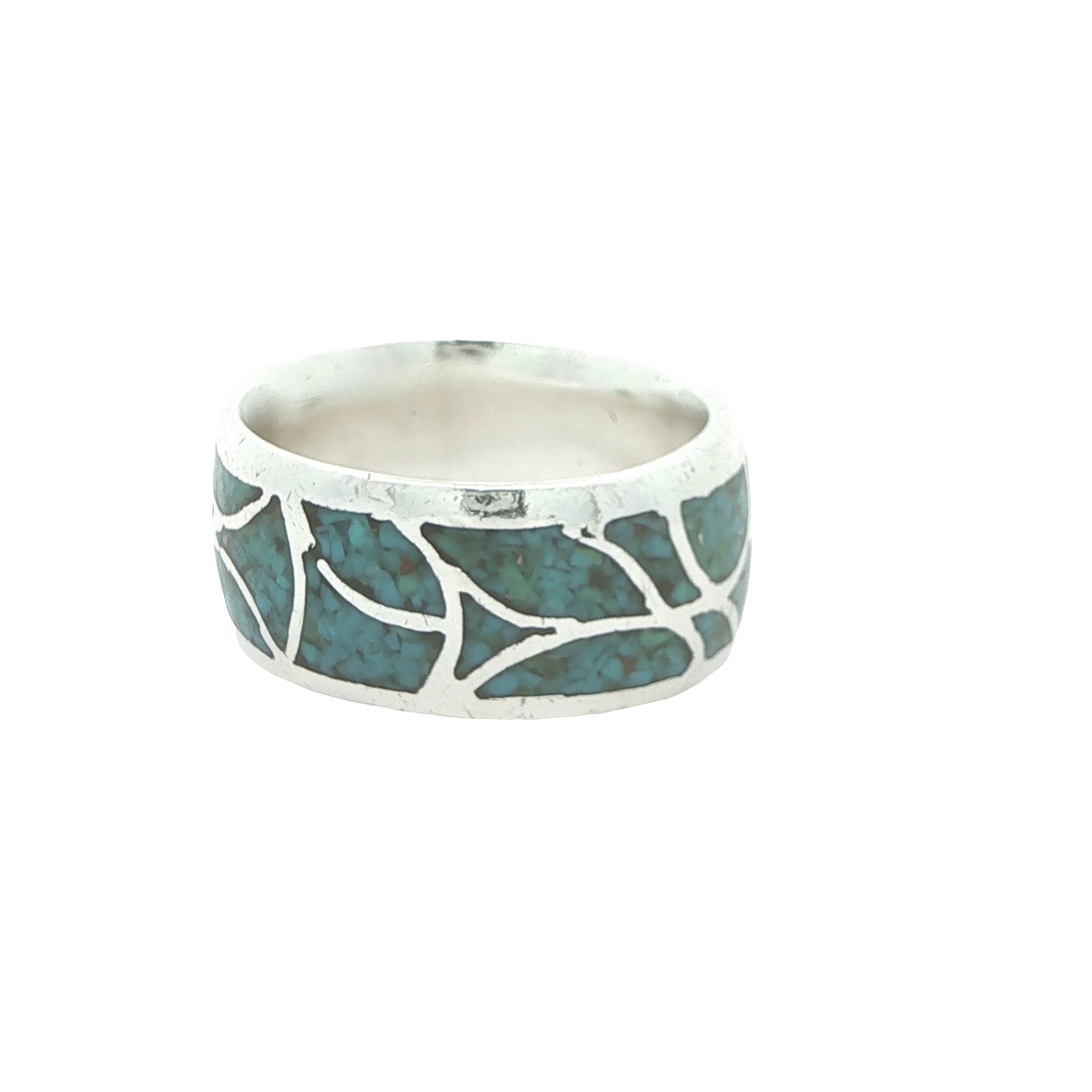 Estate Silver Natural Turquoise Inlay Ring Size 10 – 11mm Wide