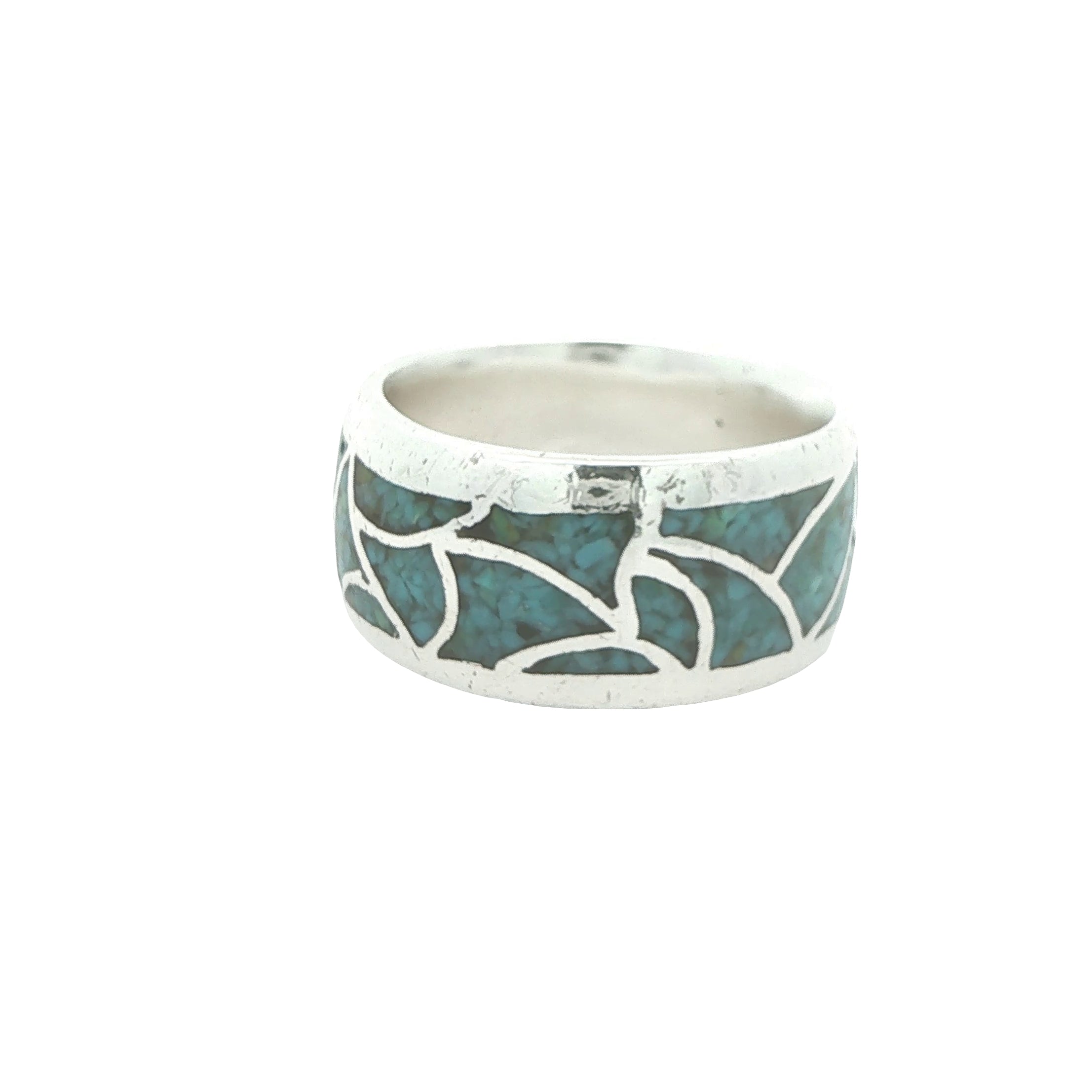 Estate Silver Natural Turquoise Inlay Ring Size 10 – 11mm Wide
