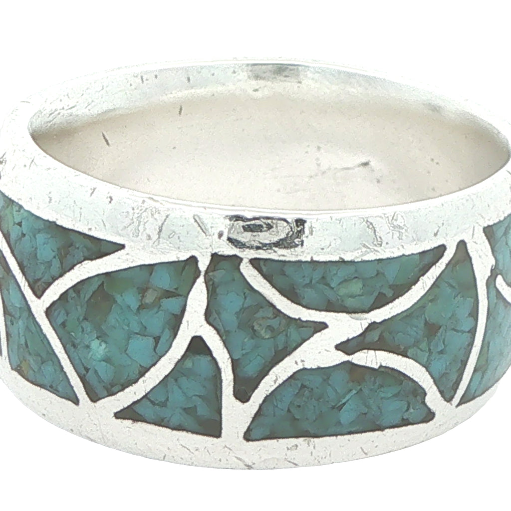 Estate Silver Natural Turquoise Inlay Ring Size 10 – 11mm Wide