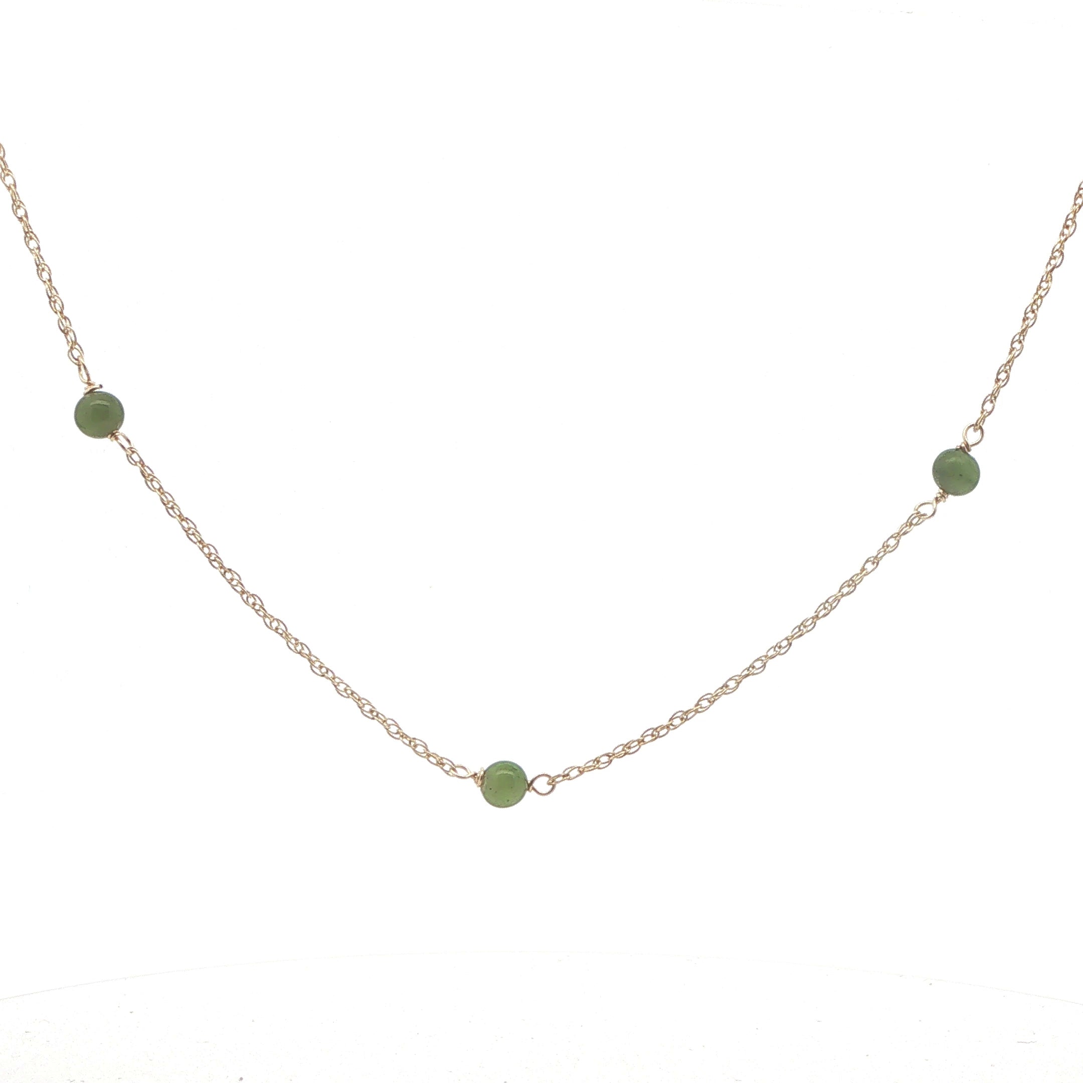 14K Yellow Gold Natural Jade Bead Station Necklace – 19 Inch