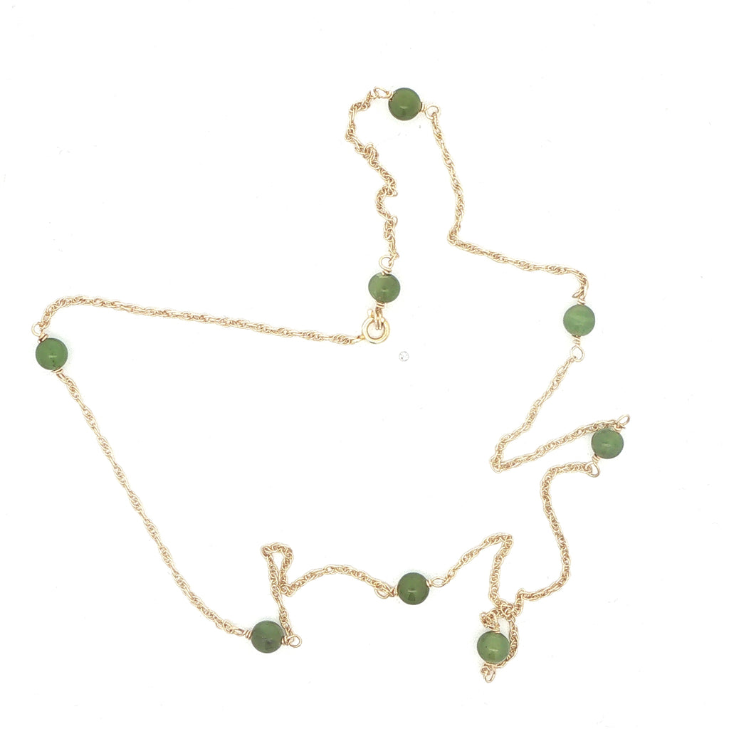 14K Yellow Gold Natural Jade Bead Station Necklace – 19 Inch