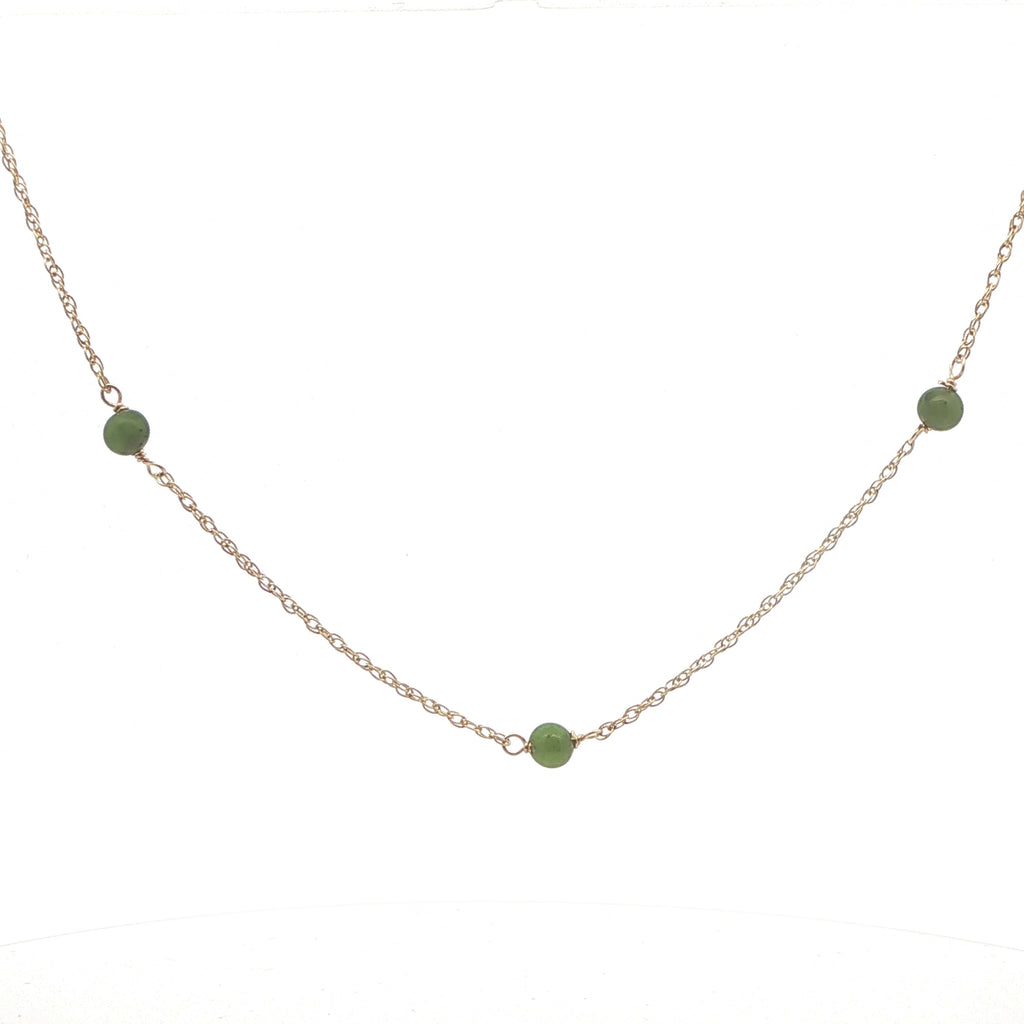 14K Yellow Gold Natural Jade Bead Station Necklace – 19 Inch