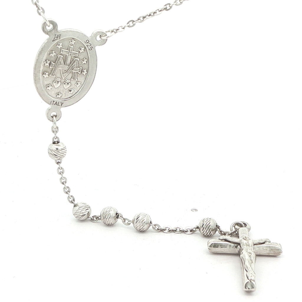 Italian 925 Sterling Silver Miraculous Medal Rosary with Figural Crucifix – 25 Inch Catholic Prayer Beads