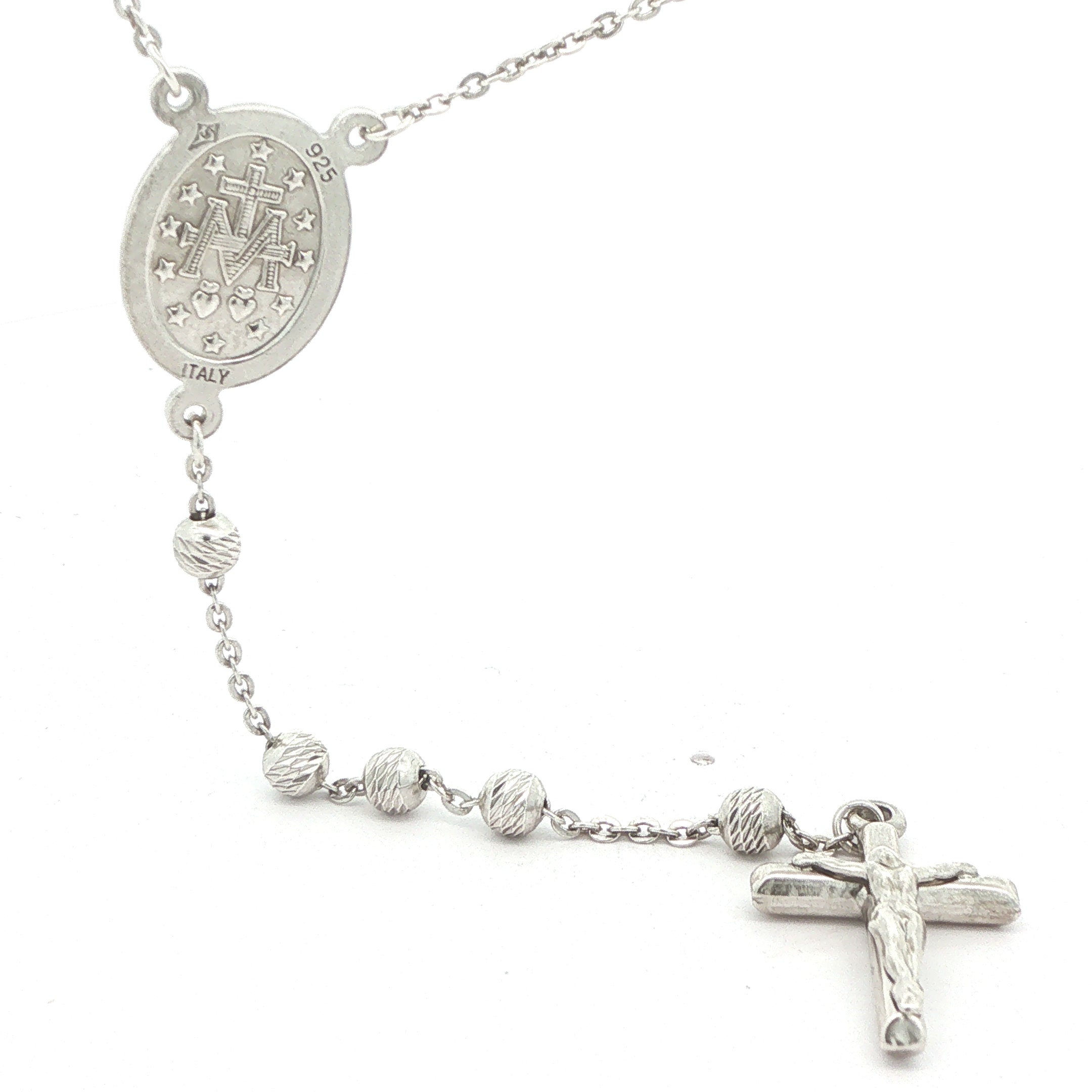 Italian 925 Sterling Silver Miraculous Medal Rosary with Figural Crucifix – 25 Inch Catholic Prayer Beads