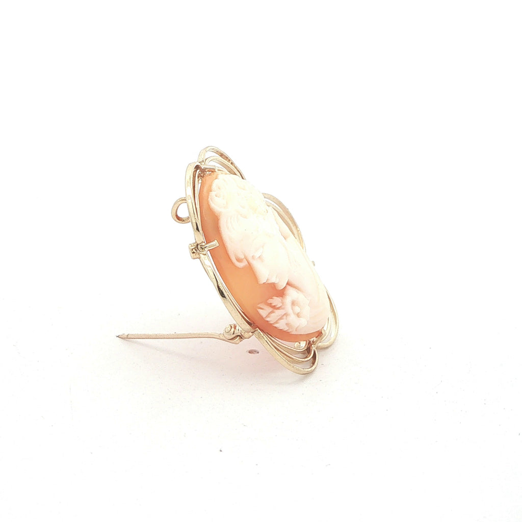 Vintage Circa 1960s Estate 14K Yellow Gold Shell Cameo Brooch Pendant – 37mm