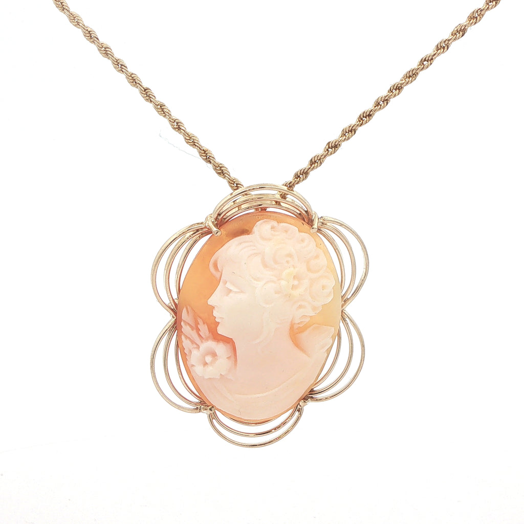 Vintage Circa 1960s Estate 14K Yellow Gold Shell Cameo Brooch Pendant – 37mm