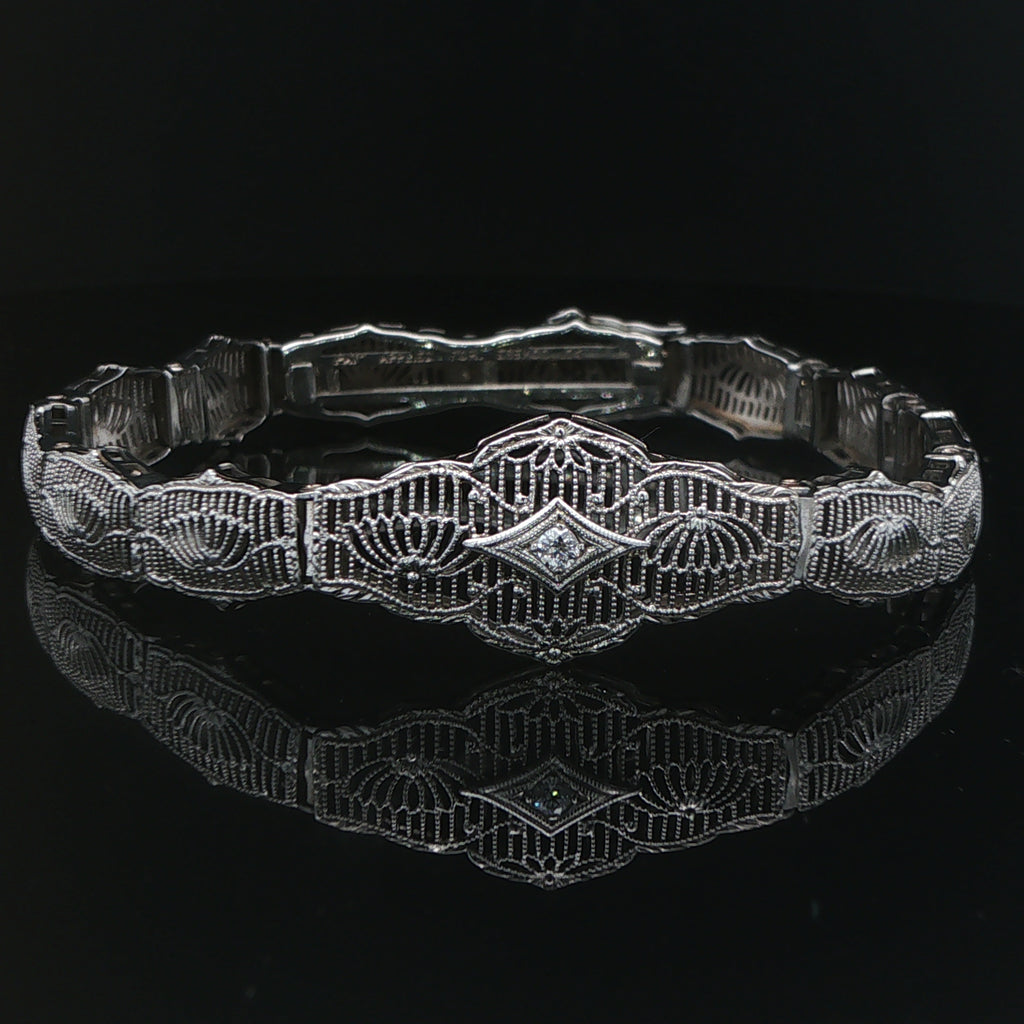 1930s Vintage Esemco 10K White Gold Natural Diamond Filigree Bracelet