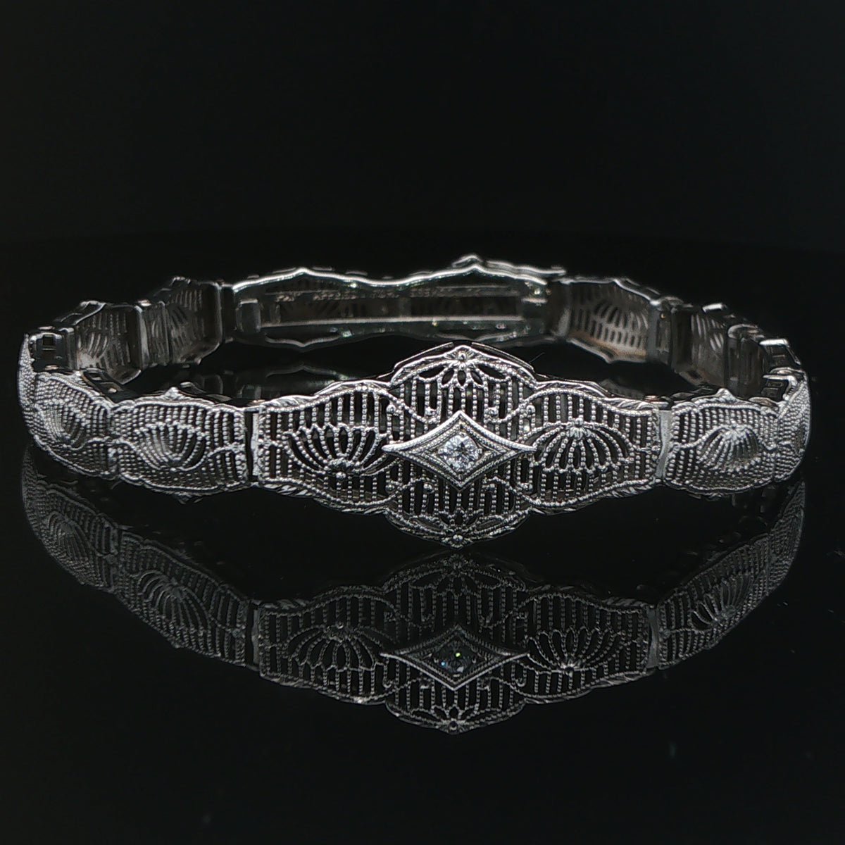 1930s Vintage Esemco 10K White Gold Natural Diamond Filigree Bracelet