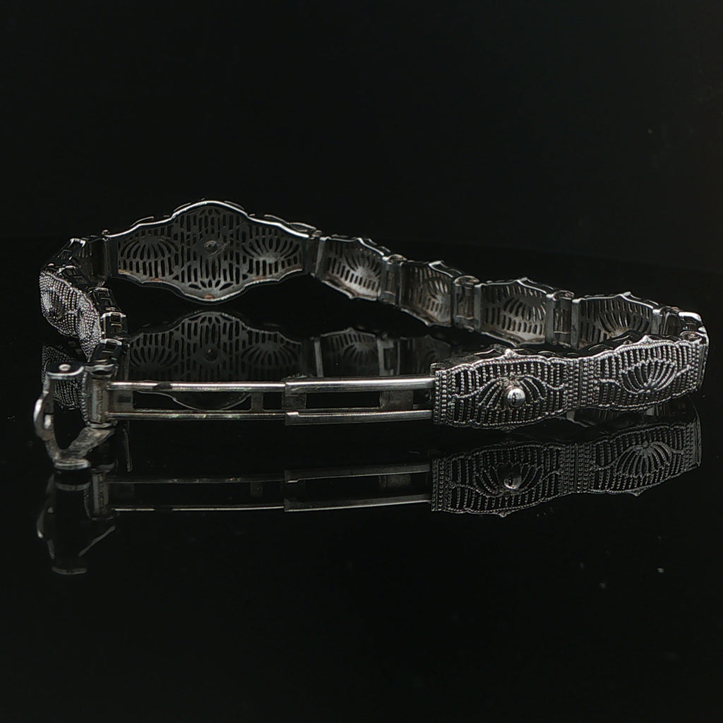 1930s Vintage Esemco 10K White Gold Natural Diamond Filigree Bracelet