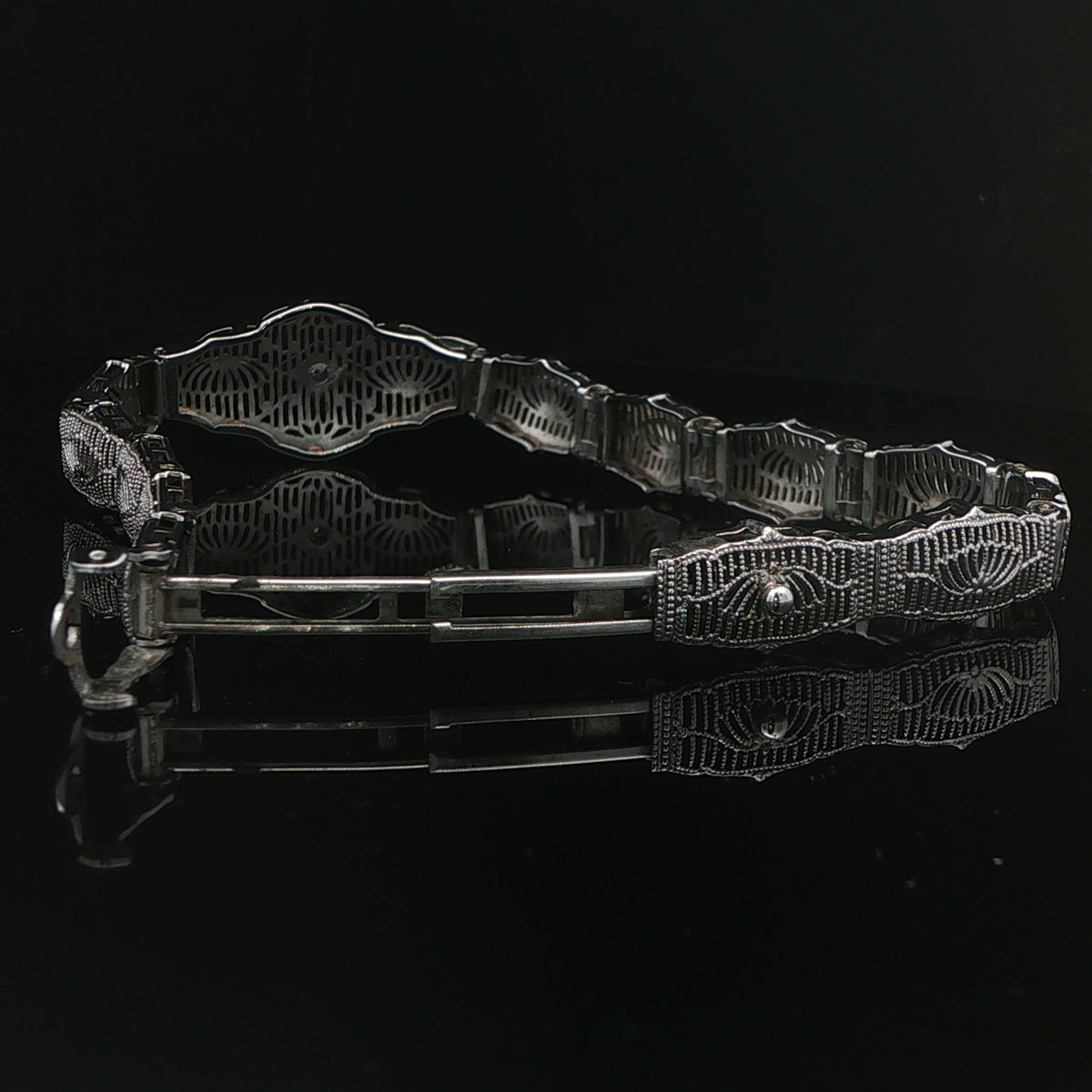 1930s Vintage Esemco 10K White Gold Natural Diamond Filigree Bracelet