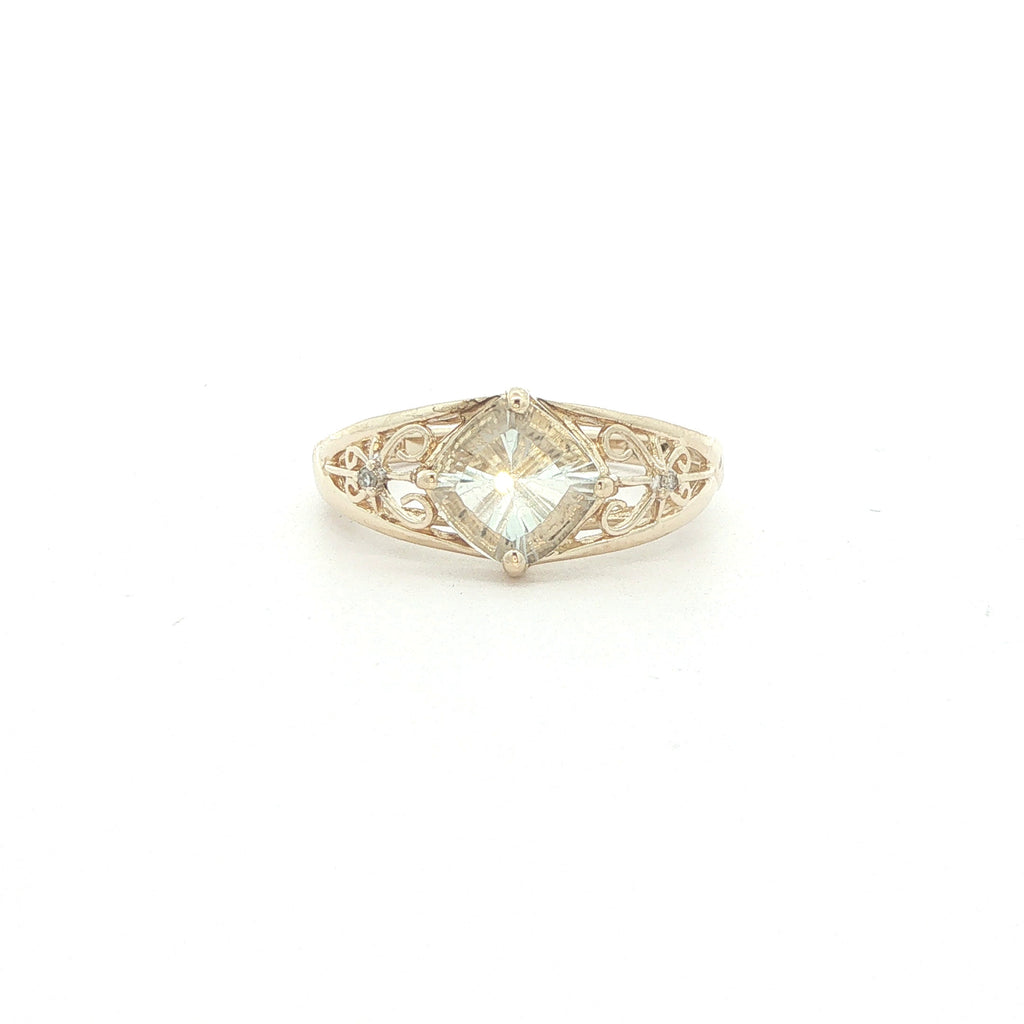 14K Yellow Gold Aquamarine & Diamond Filigree Ring – Size 7.25