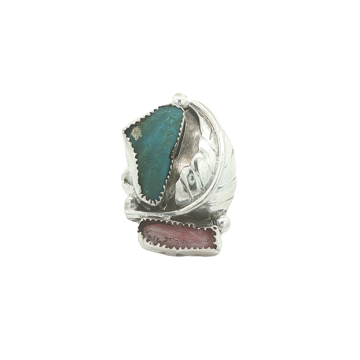 Vintage Estate Turquoise & Coral Leaf Ring in 925 Sterling Silver – Size 5.50