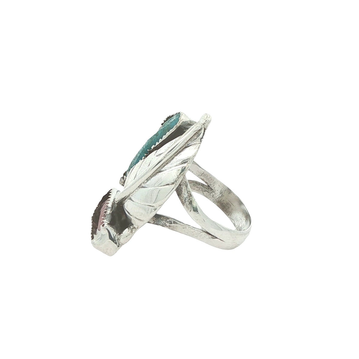 Vintage Estate Turquoise & Coral Leaf Ring in 925 Sterling Silver – Size 5.50