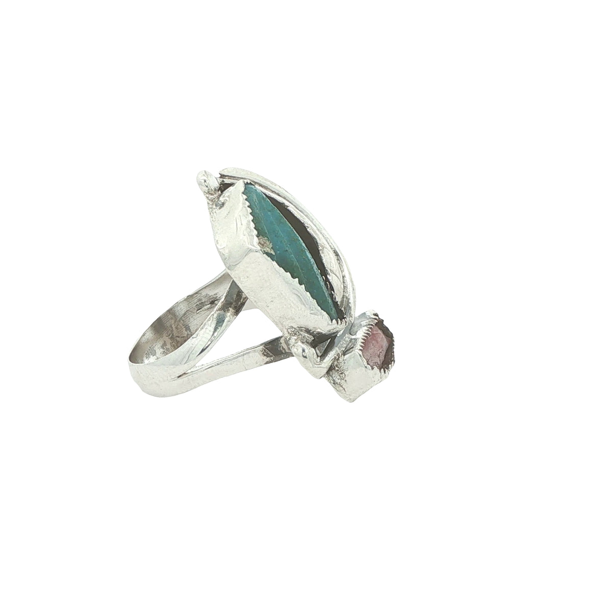 Vintage Estate Turquoise & Coral Leaf Ring in 925 Sterling Silver – Size 5.50