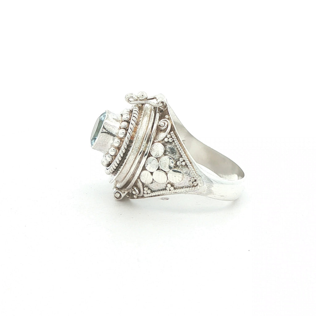 Vintage Estate Silver Aquamarine Poison-Style Locket Ring – SZ 7