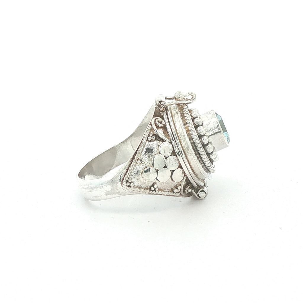 Vintage Estate Silver Aquamarine Poison-Style Locket Ring – SZ 7