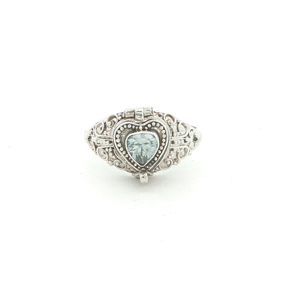 Vintage Estate Sterling Silver Aquamarine Heart Poison Ring – SZ 9