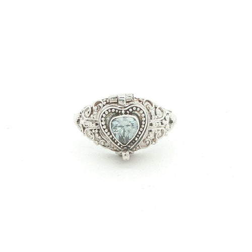 Vintage Estate Sterling Silver Aquamarine Heart Poison Ring – SZ 9