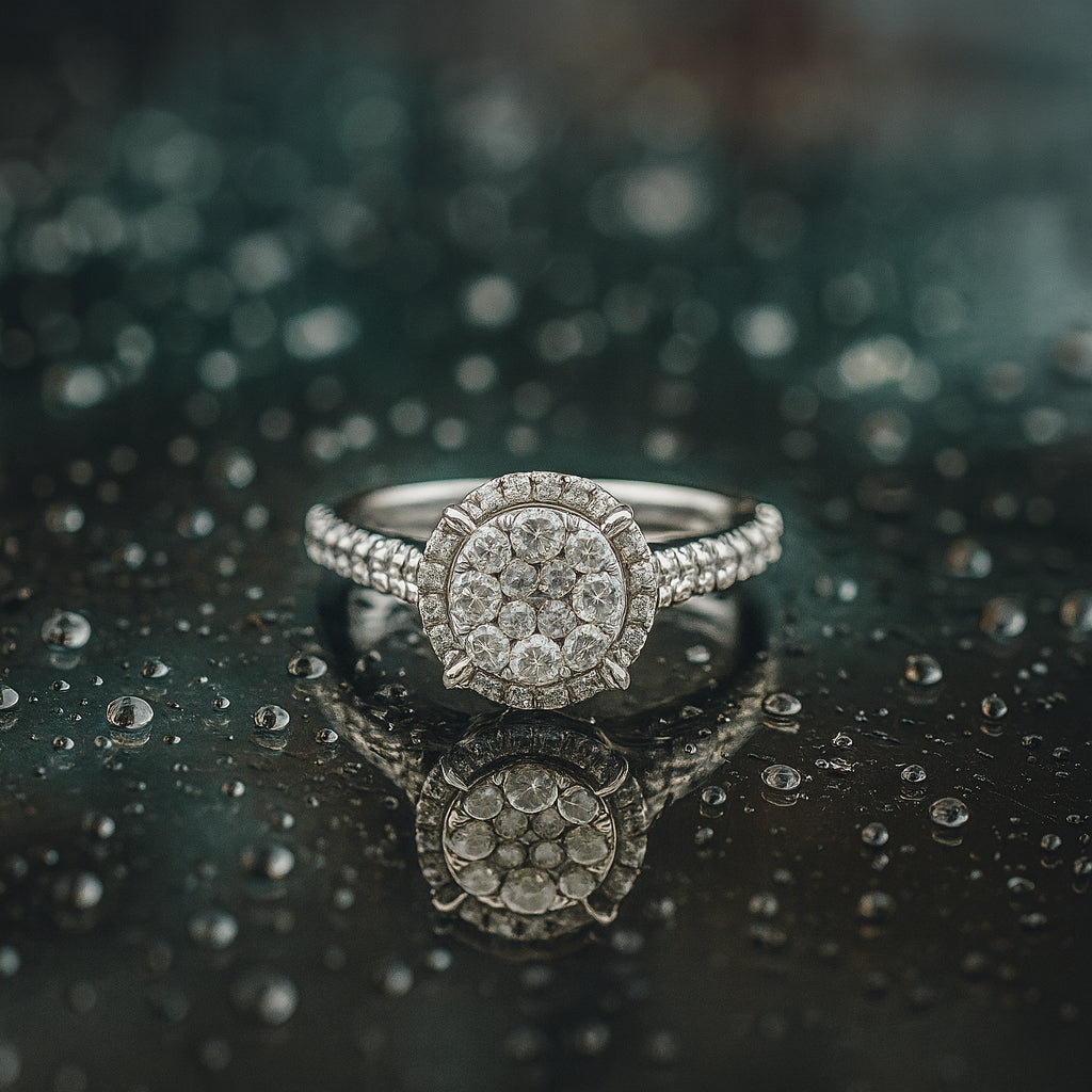 14k White Gold Round Halo Diamond Cluster Engagement Ring