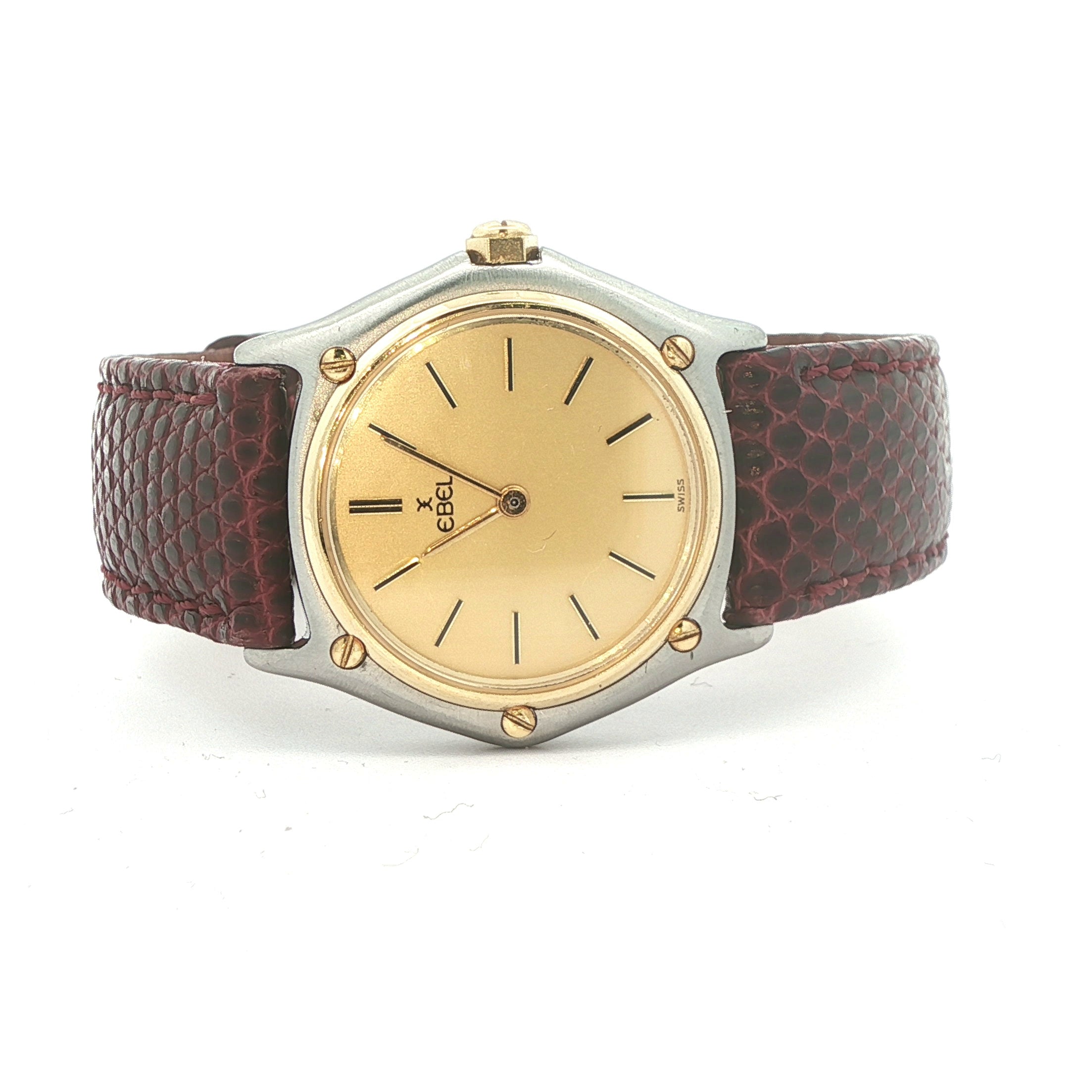Estate Vintage Ebel Swiss Quartz Wristwatch - Gold-Tone Dial with Lizard Leather Strap