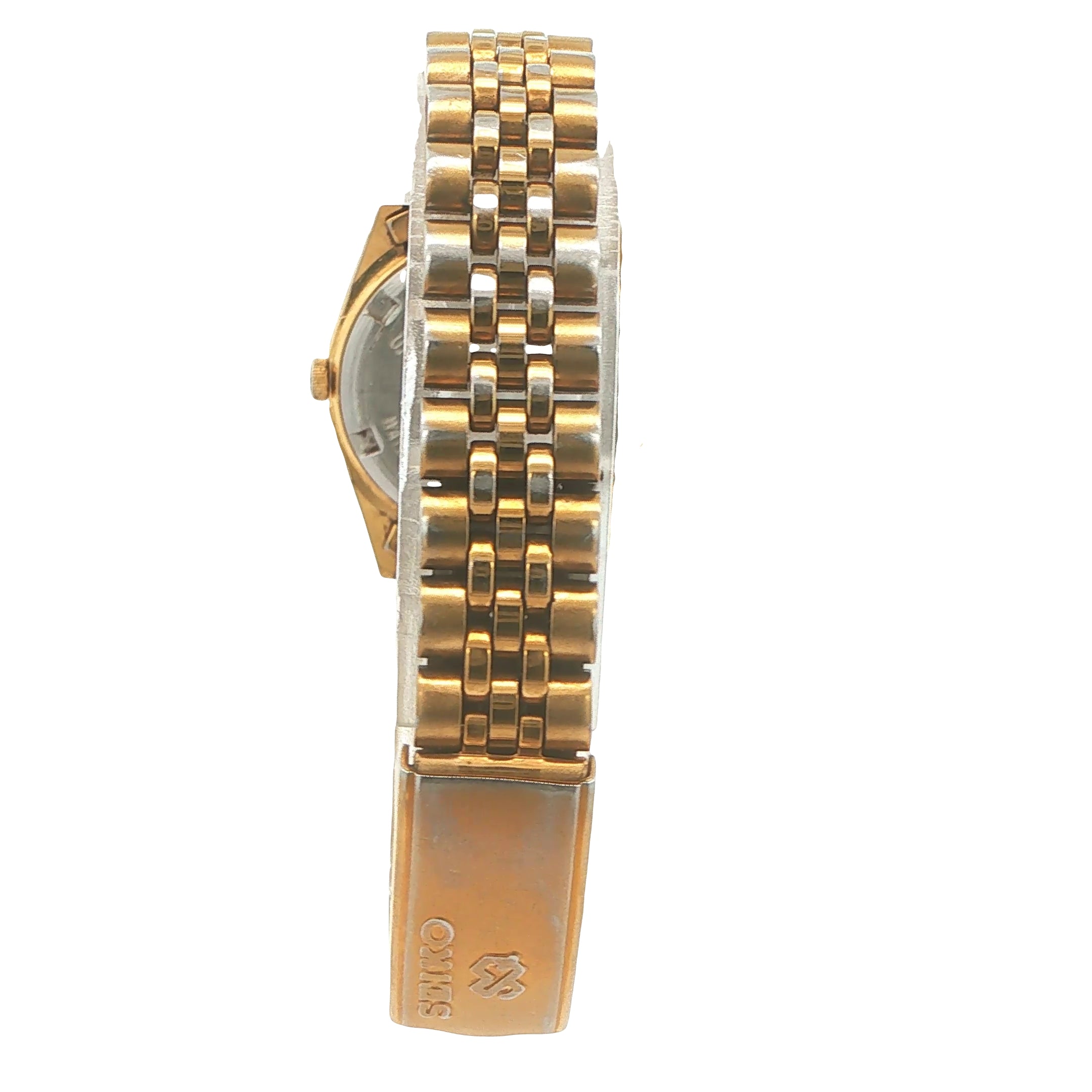 1990s Vintage Seiko Quartz Day-Date Gold Tone Watch Champagne Dial 24mm