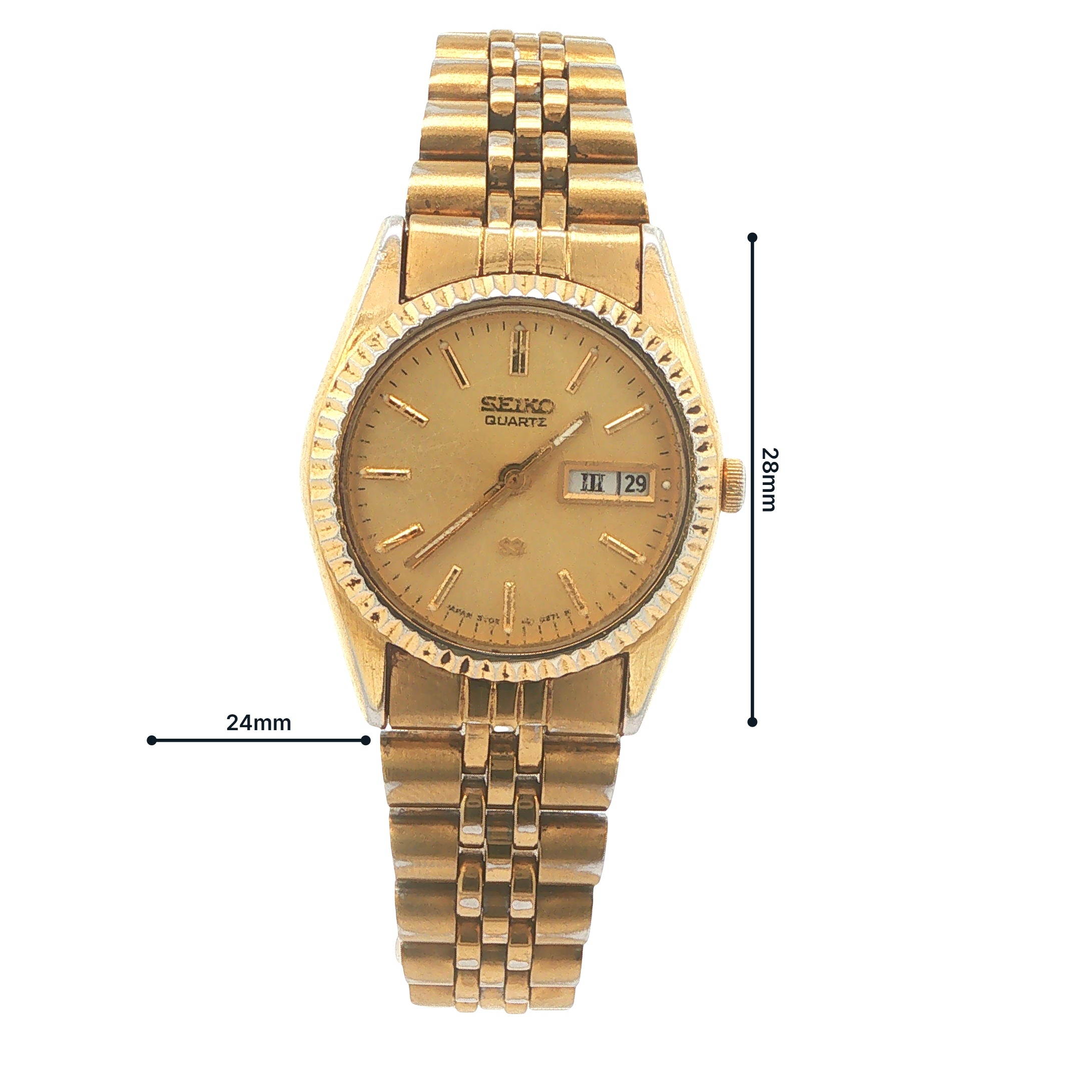 1990s Vintage Seiko Quartz Day-Date Gold Tone Watch Champagne Dial 24mm