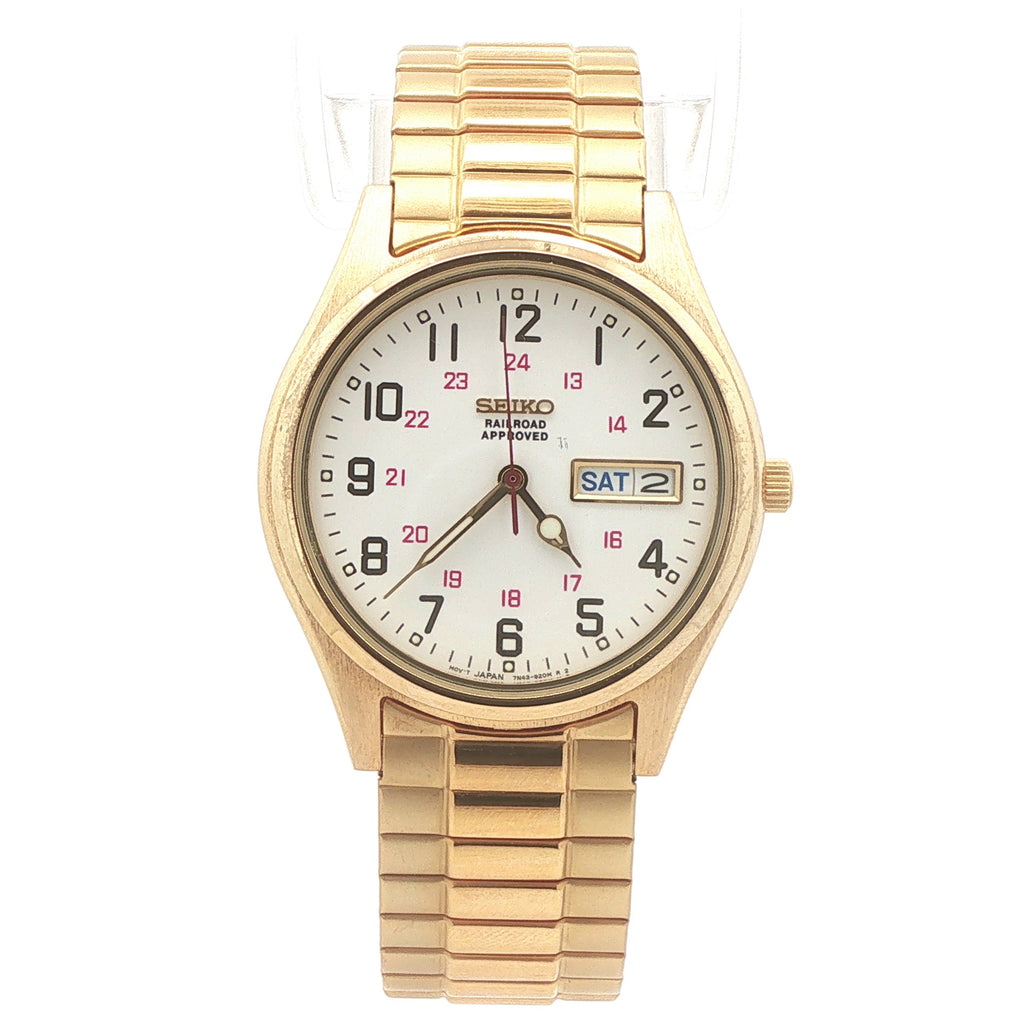 Vintage 1990s–2000s Seiko Railroad Approved Men’s 35mm Gold-Tone Day-Date Watch
