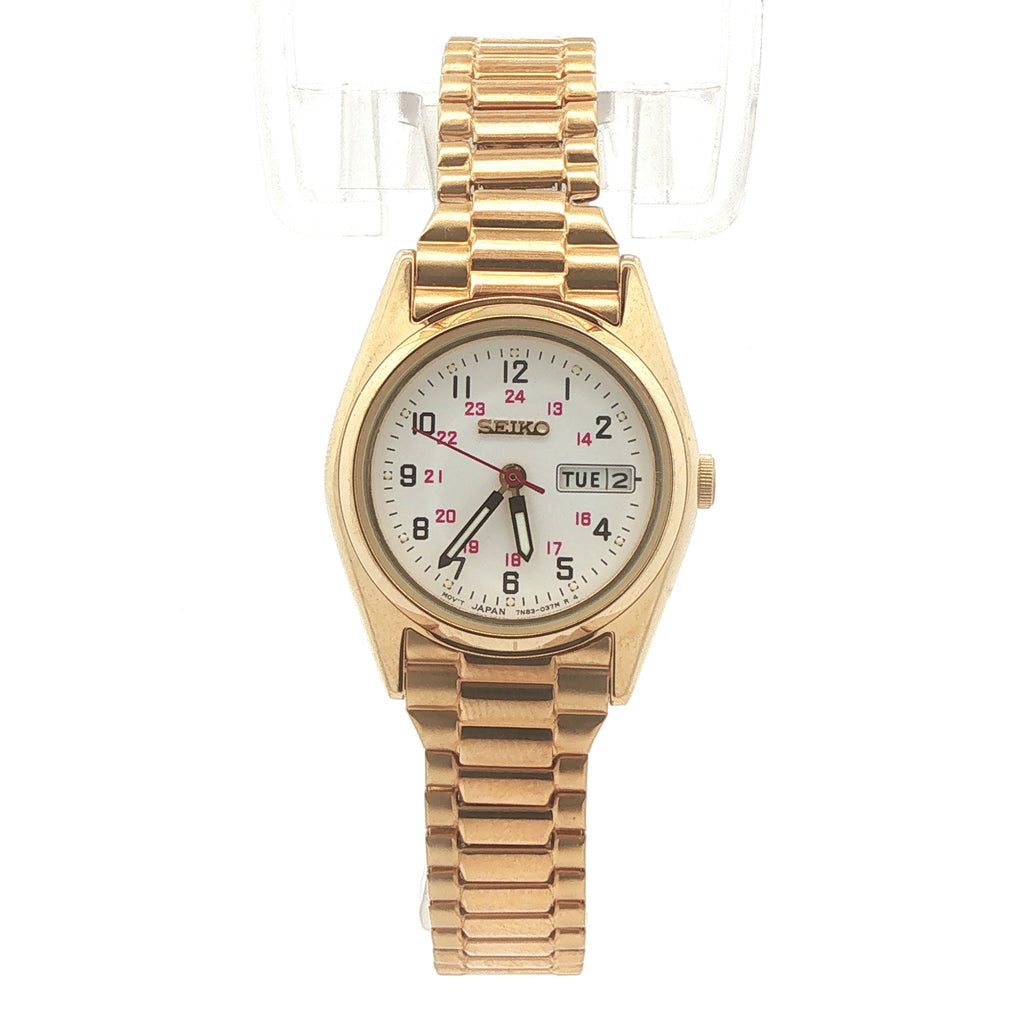 Estate Vintage Seiko Ladies’ Gold-Tone Day-Date Watch with Stretch Bracelet — Circa 1990s–2000s