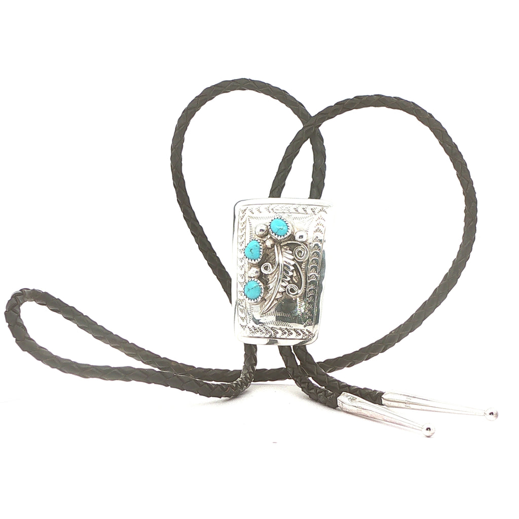 Vintage Estate Sterling Silver Natural Turquoise Feather Bolo Tie – 18-Inch Cord