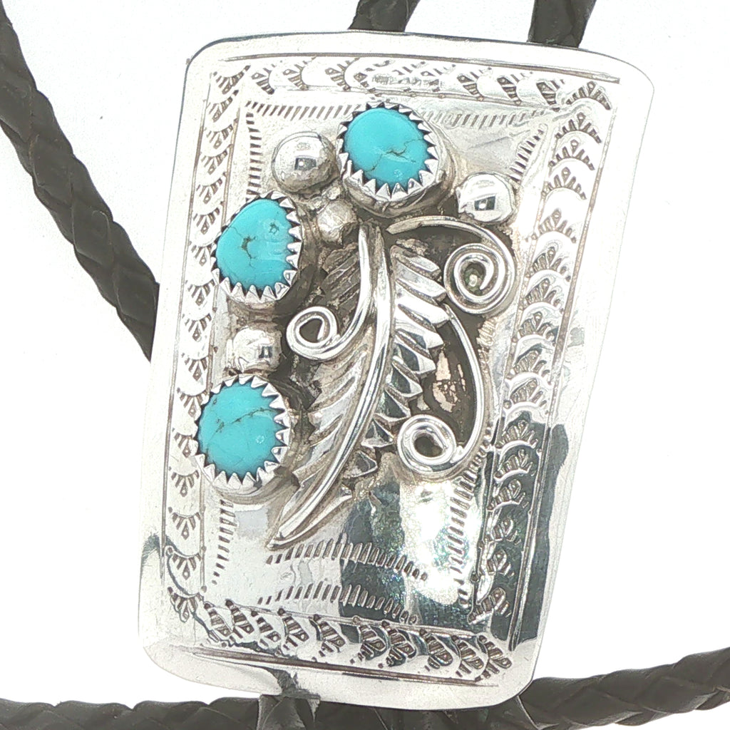 Vintage Estate Sterling Silver Natural Turquoise Feather Bolo Tie – 18-Inch Cord