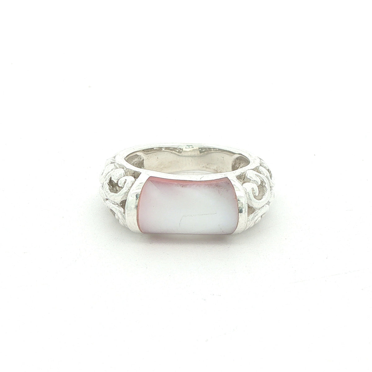Estate Sterling Silver Pink Glass Scrollwork Ring – SZ 5.75