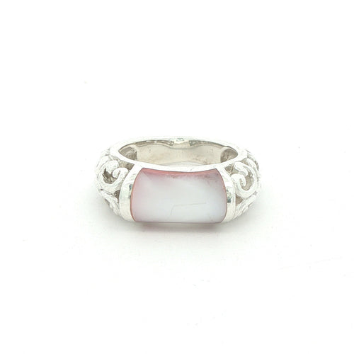Estate Sterling Silver Pink Glass Scrollwork Ring – SZ 5.75