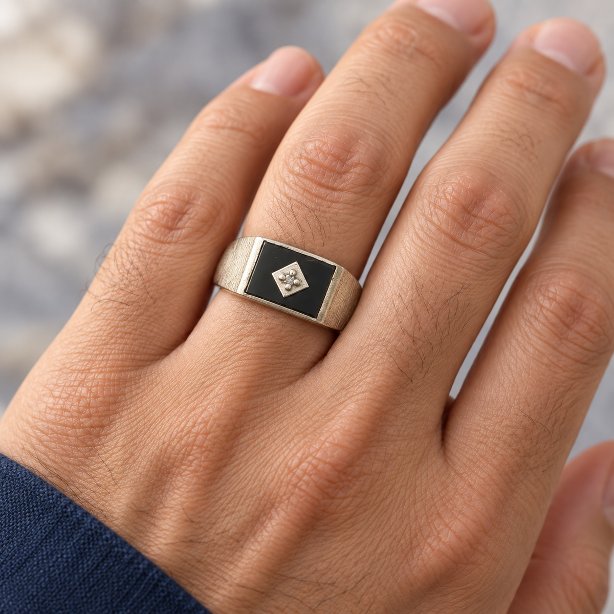 Estate 10K White Gold Gents Black Enamel & Natural Diamond Signet Ring