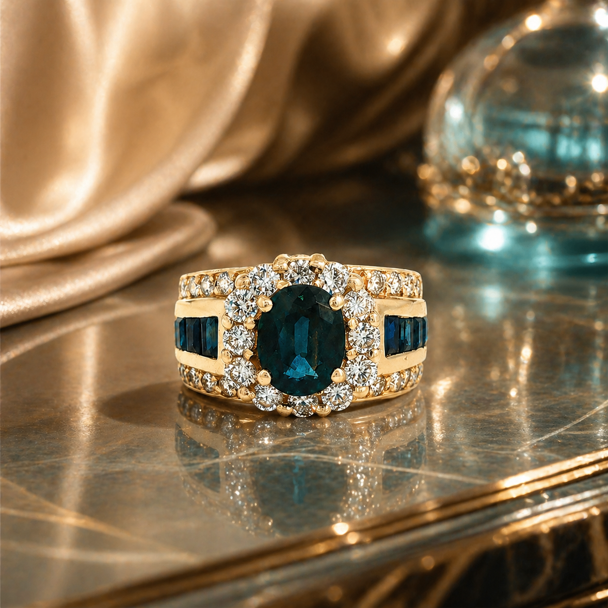 VINTAGE 14K Yellow Gold 2.00 CTW Royal Blue Sapphire & Diamond Cocktail Ring