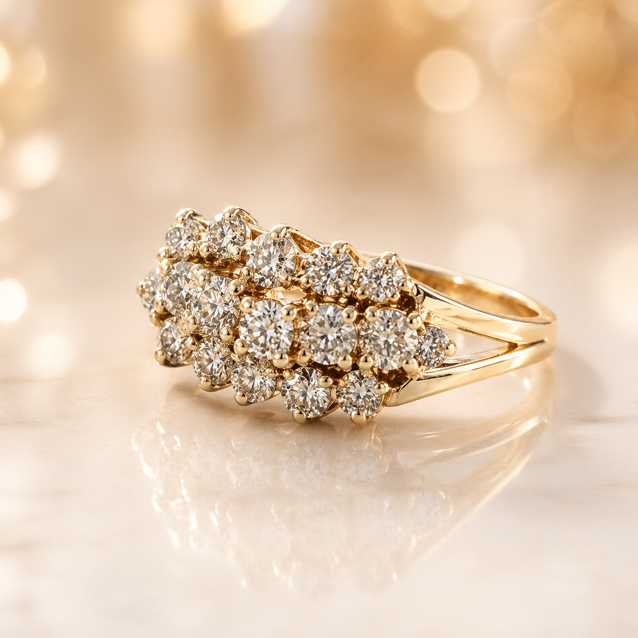 Estate Approx. 2.50 CTW Natural Diamond Multi-Row Cluster Ring in 14K Yellow Gold