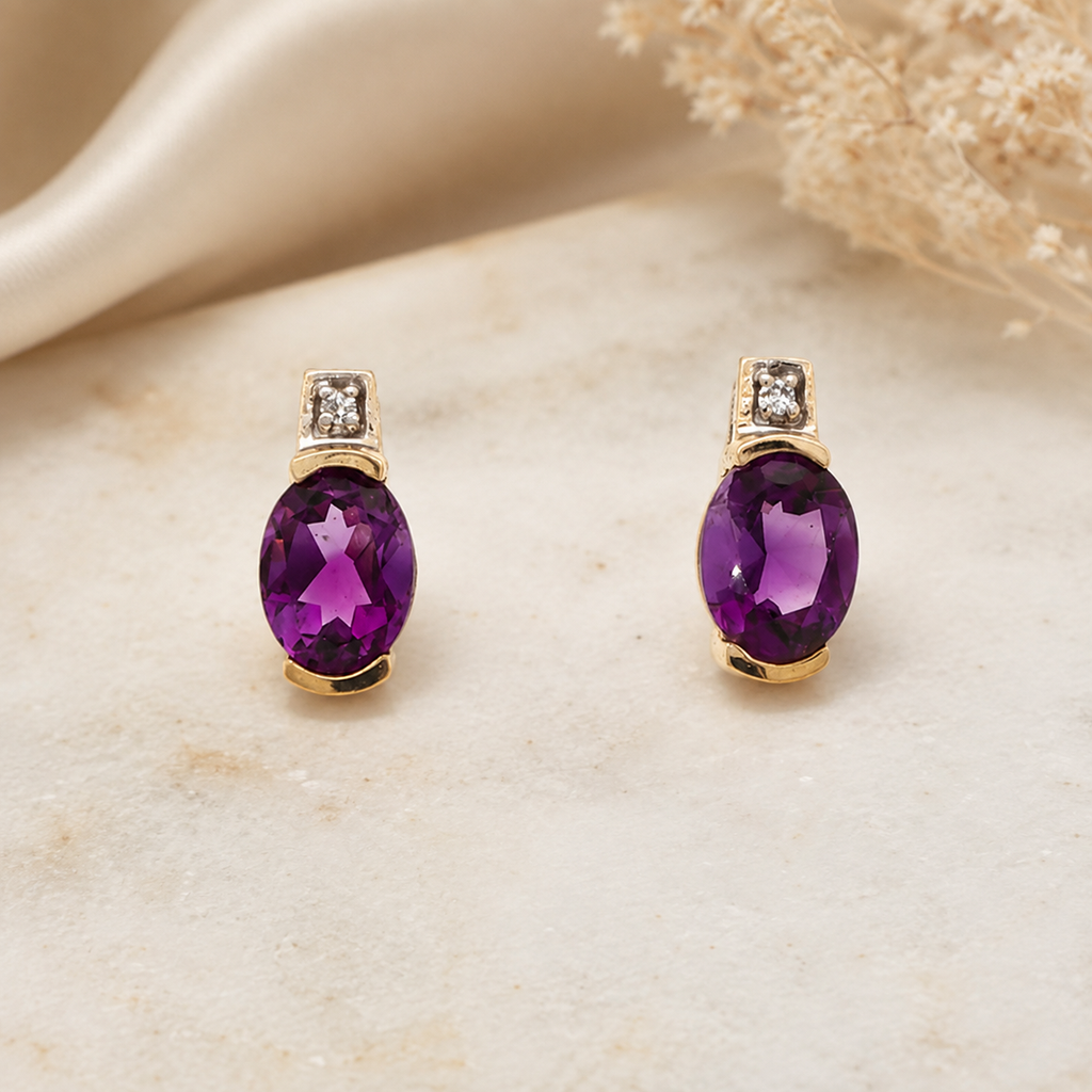 Estate 14K Yellow Gold 2.50 CTW Natural Amethyst & Diamond Earrings