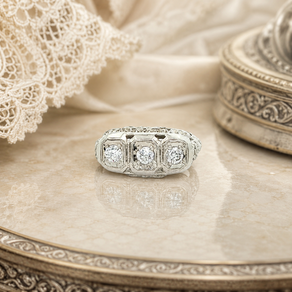 Estate Vintage Approx. 1/2 CTW Natural Diamond Three-Stone Filigree Ring