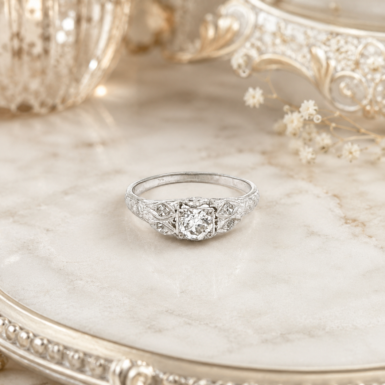 Estate 18K White Gold Vintage c. 1920s Approx. .38 CTW Diamond Filigree Ring Size 6