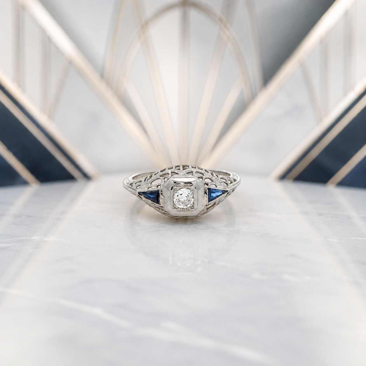 Estate 18K White Gold Art Deco Natural Diamond & Sapphire Filigree Ring Size 4.5 | c. 1920s–1930s
