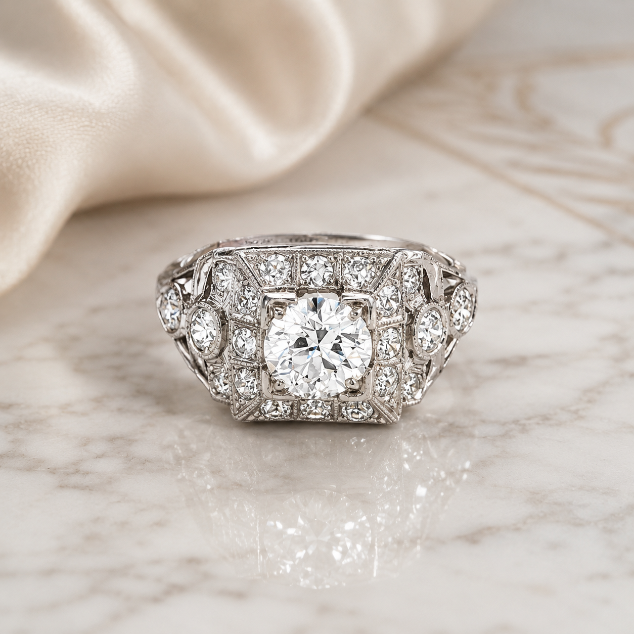 Estate Vintage Platinum Natural Diamond Ring 1.50 CTW Art Deco Cocktail Ring Size 5.75