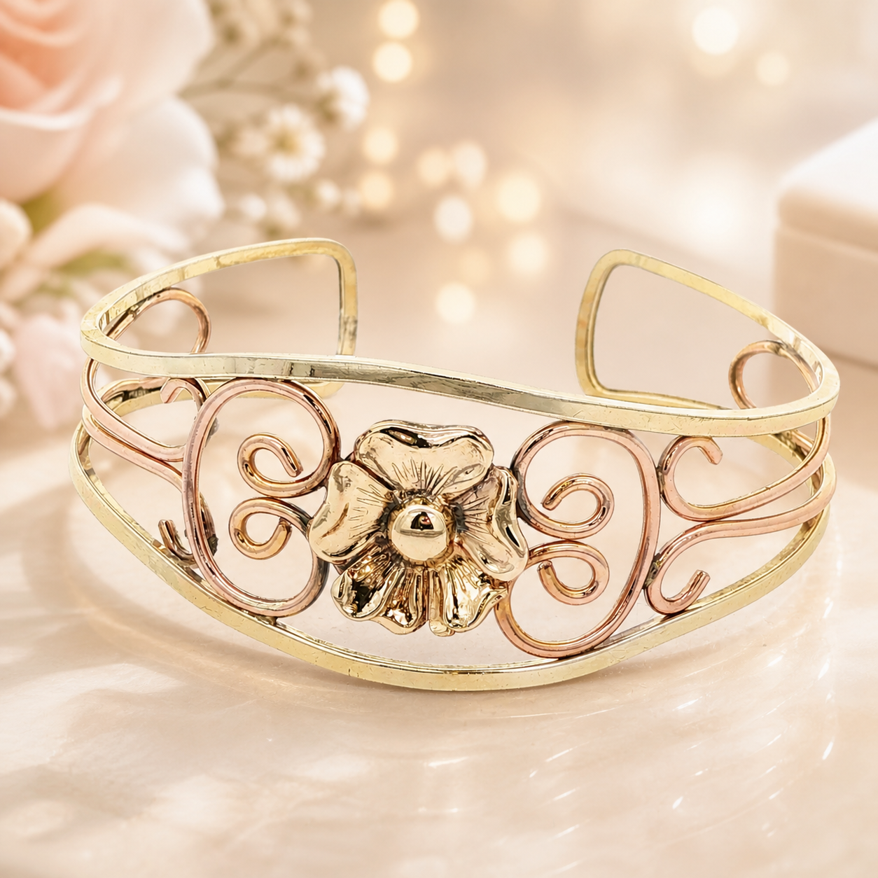 Vintage Hayward 1/20 12K Gold Filled Tri-Color Floral Filigree Cuff Bracelet